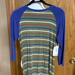 LuLaRoe Purple Raglan Top with Multicolor Stripes
